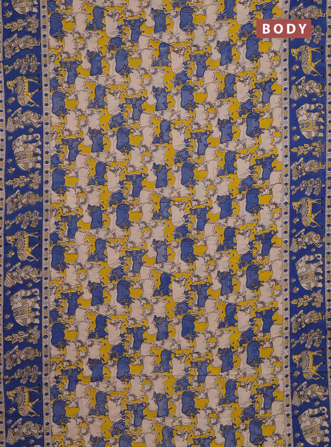 Kalamkari cotton saree yellow and blue with allover pichwai prints and printed border