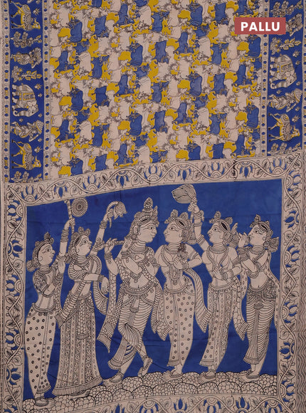 Kalamkari cotton saree yellow and blue with allover pichwai prints and printed border