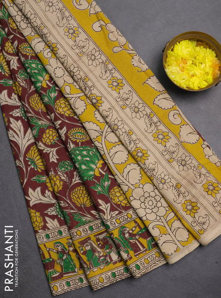 Kalamkari cotton saree brown shade and yellow with allover prints and printed border