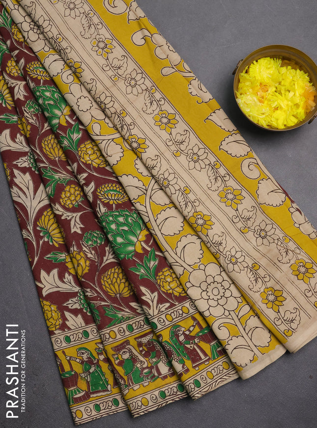 Kalamkari cotton saree brown shade and yellow with allover prints and printed border