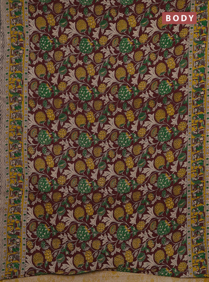 Kalamkari cotton saree brown shade and yellow with allover prints and printed border