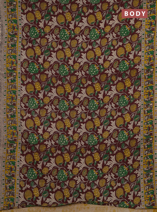 Kalamkari cotton saree brown shade and yellow with allover prints and printed border