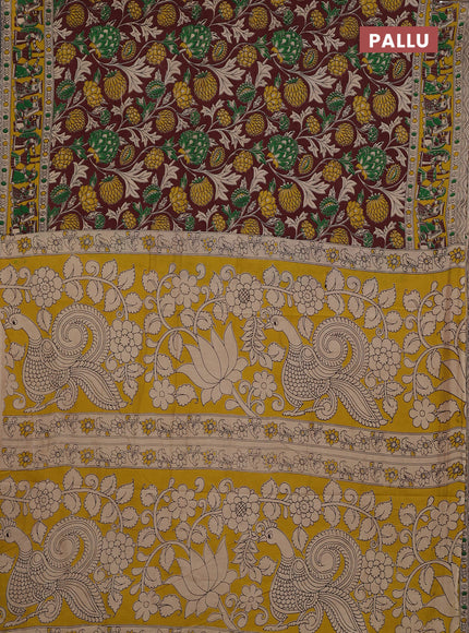 Kalamkari cotton saree brown shade and yellow with allover prints and printed border