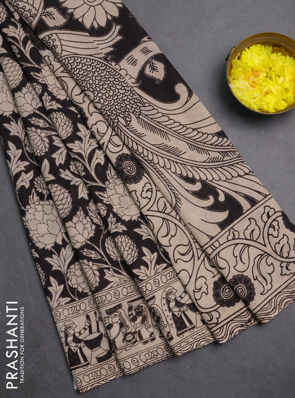 Kalamkari cotton saree black and beige with allover prints and printed border