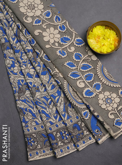 Kalamkari cotton saree blue and grey with allover prints and printed border