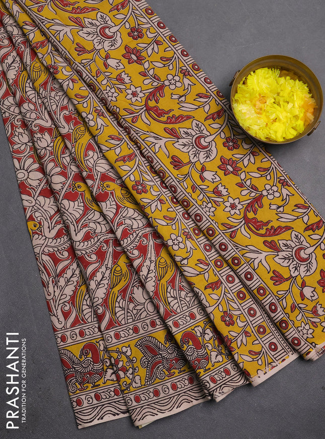 Kalamkari cotton saree maroon and yellow with allover prints and printed border
