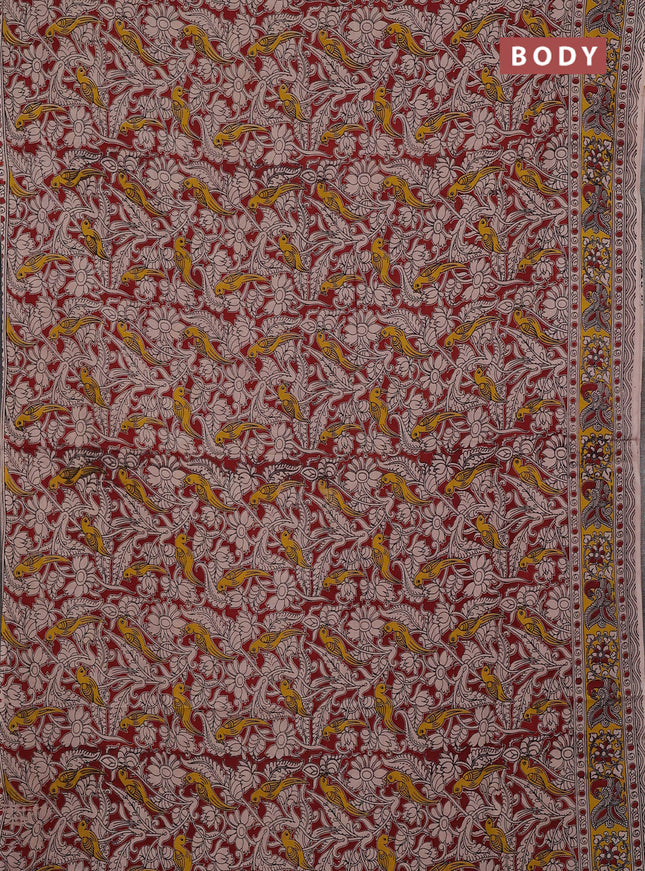 Kalamkari cotton saree maroon and yellow with allover prints and printed border