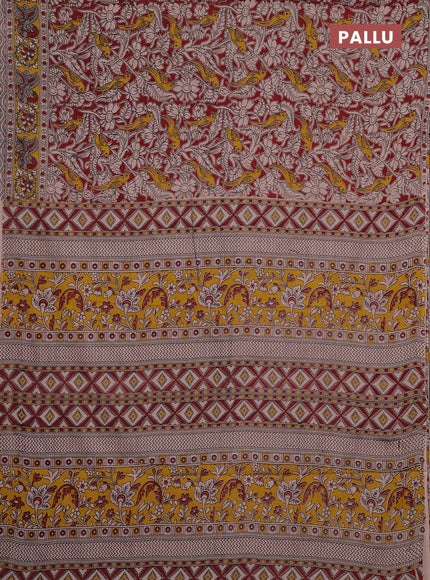 Kalamkari cotton saree maroon and yellow with allover prints and printed border