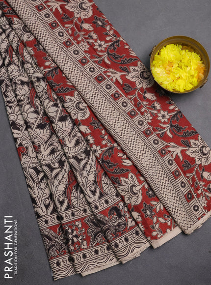Kalamkari cotton saree black and maroon with allover prints and printed border