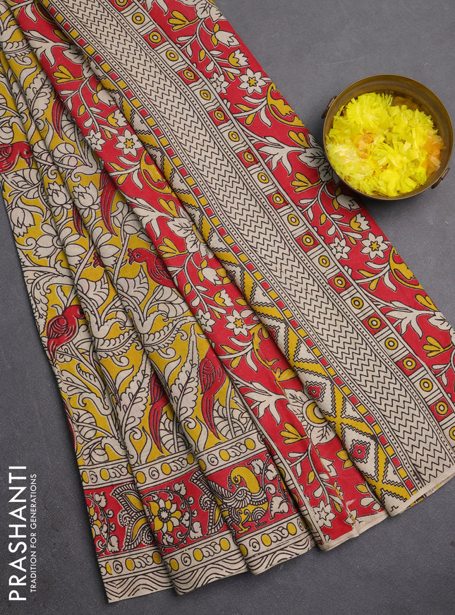 Kalamkari cotton saree yellow and red with allover prints and printed border