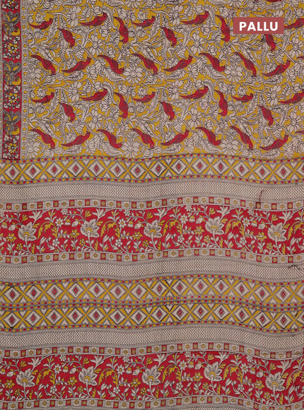 Kalamkari cotton saree yellow and red with allover prints and printed border