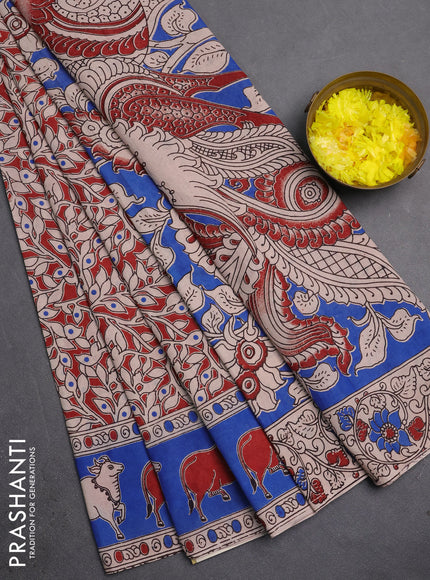 Kalamkari cotton saree maroon and blue with allover prints and pichwai printed border