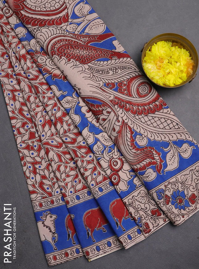 Kalamkari cotton saree maroon and blue with allover prints and pichwai printed border