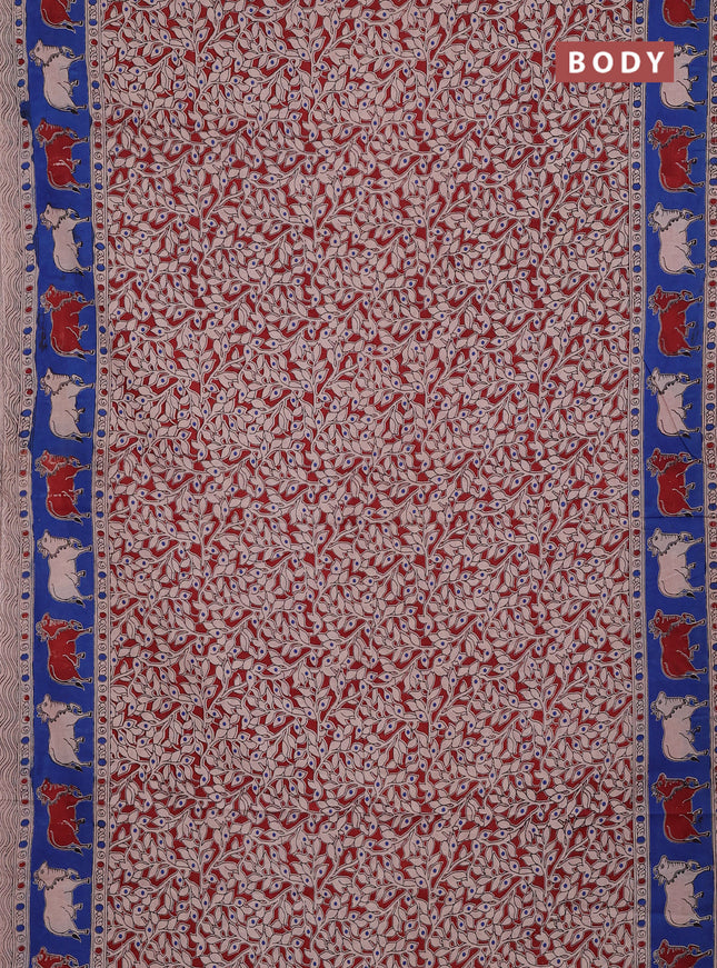 Kalamkari cotton saree maroon and blue with allover prints and pichwai printed border