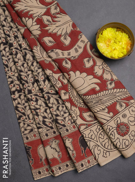 Kalamkari cotton saree black and brown with allover prints and pichwai printed border