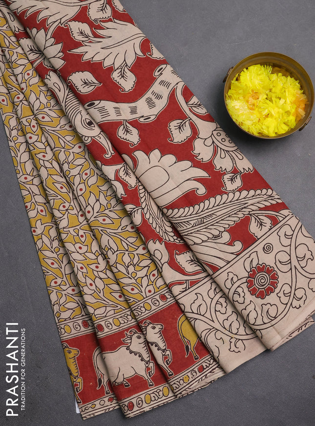 Kalamkari cotton saree yellow and rustic maroon with allover prints and pichwai printed border