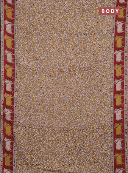 Kalamkari cotton saree yellow and rustic maroon with allover prints and pichwai printed border