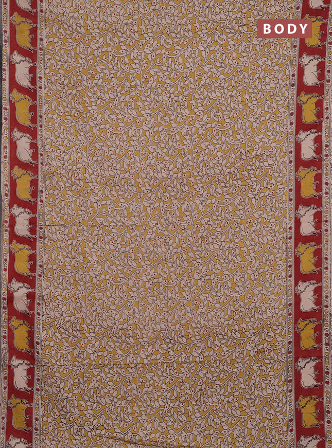 Kalamkari cotton saree yellow and rustic maroon with allover prints and pichwai printed border