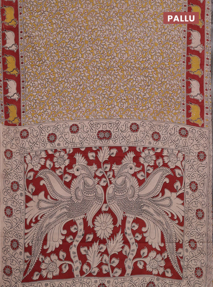 Kalamkari cotton saree yellow and rustic maroon with allover prints and pichwai printed border