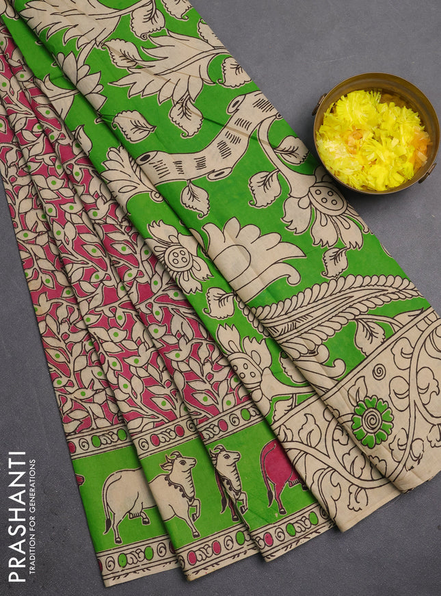 Kalamkari cotton saree pink and green with allover prints and pichwai printed border