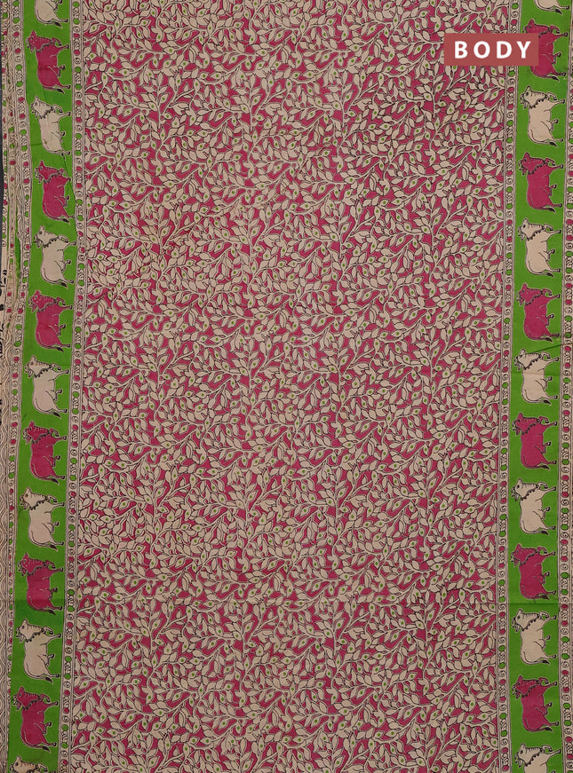 Kalamkari cotton saree pink and green with allover prints and pichwai printed border