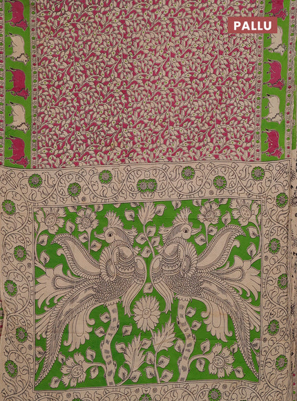 Kalamkari cotton saree pink and green with allover prints and pichwai printed border