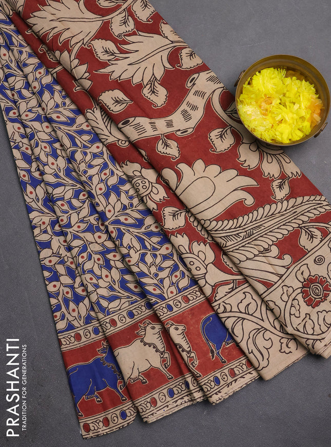Kalamkari cotton saree blue and maroon with allover prints and pichwai printed border