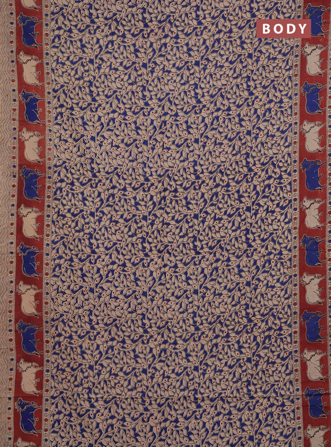 Kalamkari cotton saree blue and maroon with allover prints and pichwai printed border
