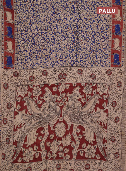 Kalamkari cotton saree blue and maroon with allover prints and pichwai printed border