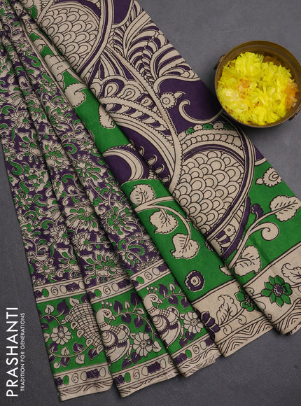 Kalamkari cotton saree violet and green with allover prints and printed border