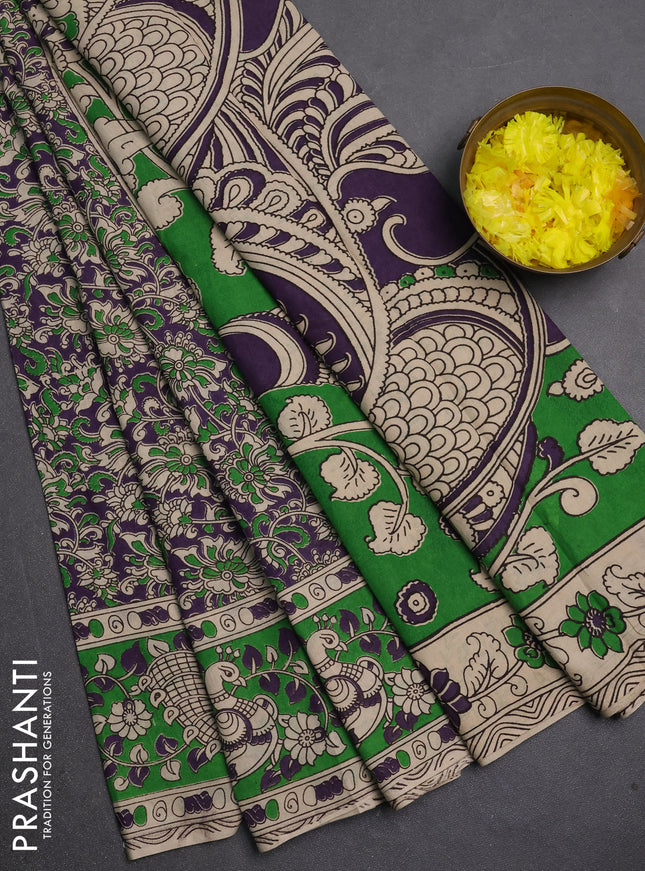 Kalamkari cotton saree violet and green with allover prints and printed border