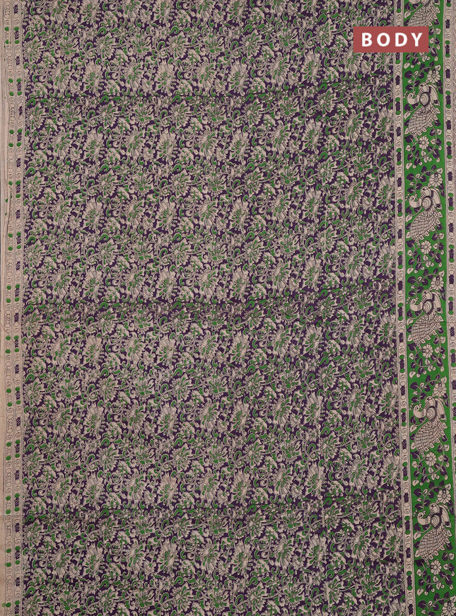 Kalamkari cotton saree violet and green with allover prints and printed border