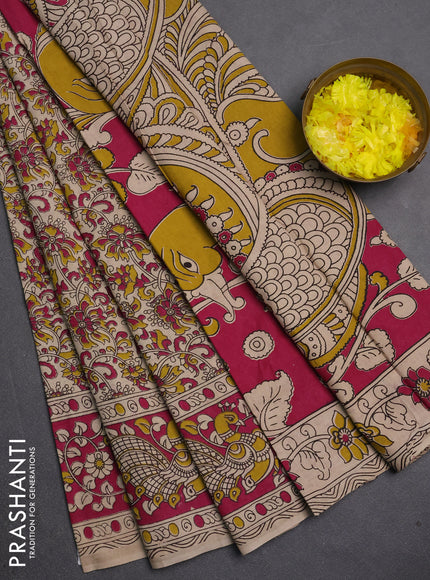 Kalamkari cotton saree beige and pink with allover prints and printed border