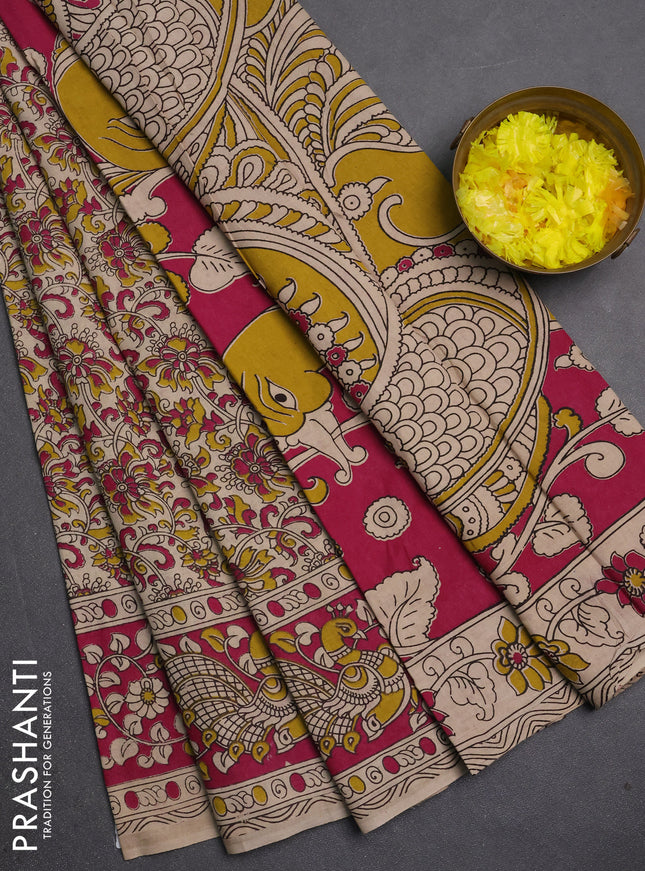 Kalamkari cotton saree beige and pink with allover prints and printed border