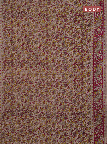 Kalamkari cotton saree beige and pink with allover prints and printed border