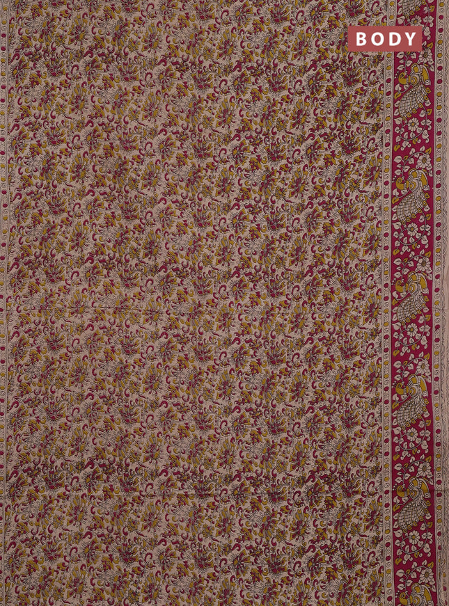 Kalamkari cotton saree beige and pink with allover prints and printed border