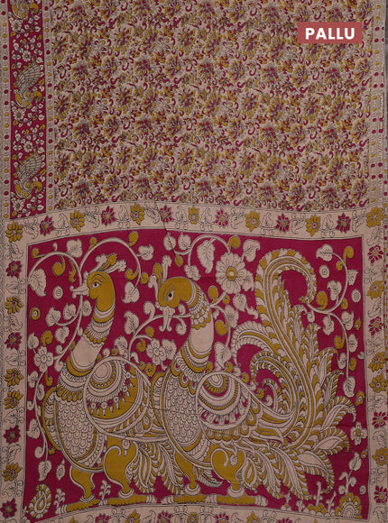 Kalamkari cotton saree beige and pink with allover prints and printed border