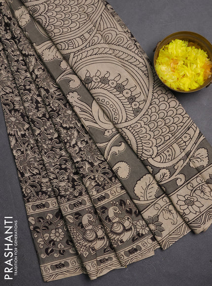 Kalamkari cotton saree black and grey with allover prints and printed border