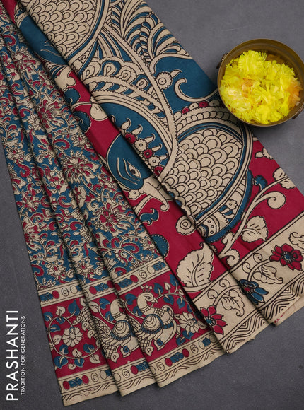 Kalamkari cotton saree peacock blue and magenta pink with allover prints and printed border