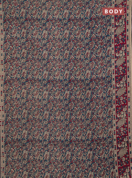 Kalamkari cotton saree peacock blue and magenta pink with allover prints and printed border
