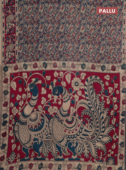 Kalamkari cotton saree peacock blue and magenta pink with allover prints and printed border