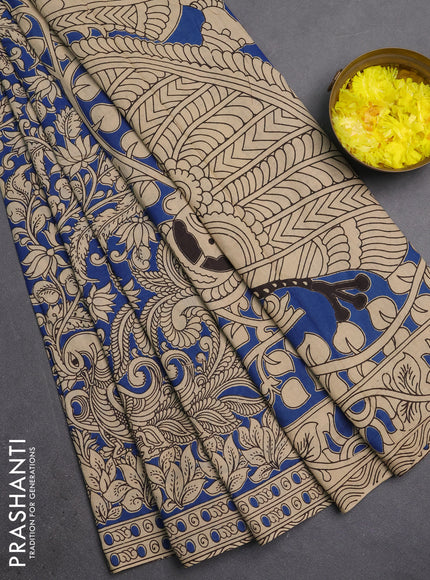 Kalamkari cotton saree blue and beige with allover prints and printed border