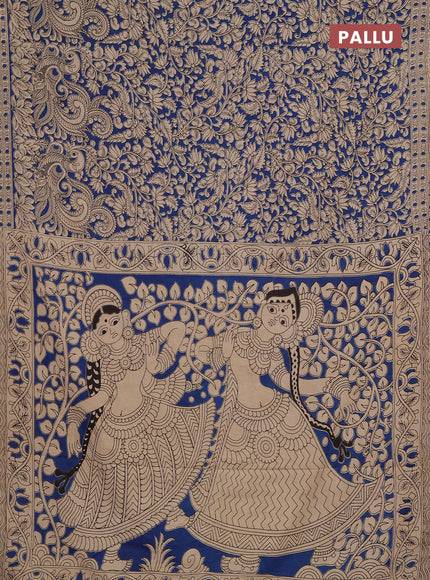Kalamkari cotton saree blue and beige with allover prints and printed border