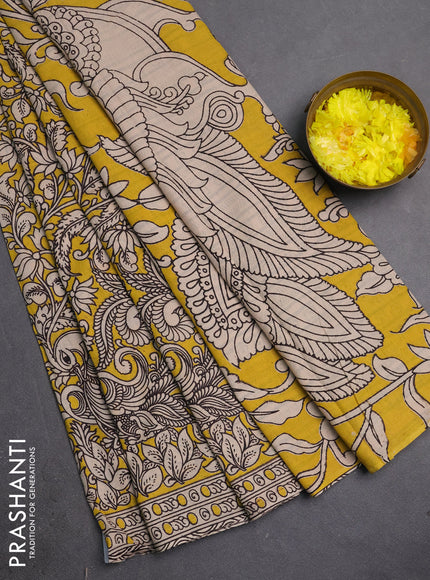 Kalamkari cotton saree yellow and beige with allover prints and printed border