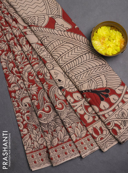 Kalamkari cotton saree maroon and beige with allover prints and printed border