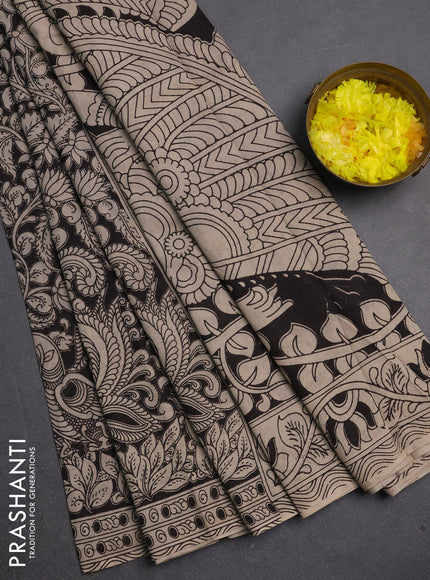 Kalamkari cotton saree black and beige with allover prints and printed border