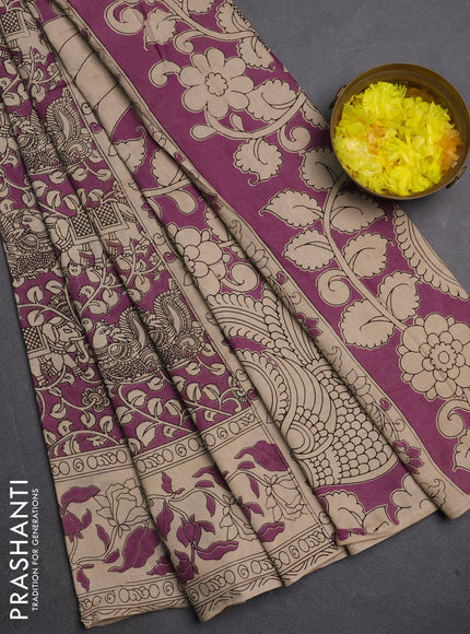 Kalamkari cotton saree lavender and beige with allover prints and printed border