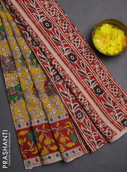 Kalamkari cotton saree yellow and maroon with allover prints and printed border