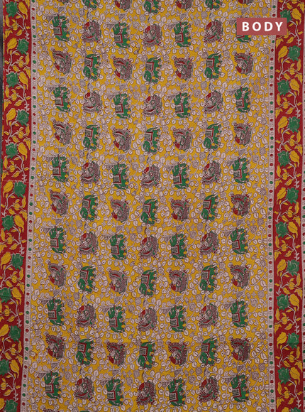 Kalamkari cotton saree yellow and maroon with allover prints and printed border
