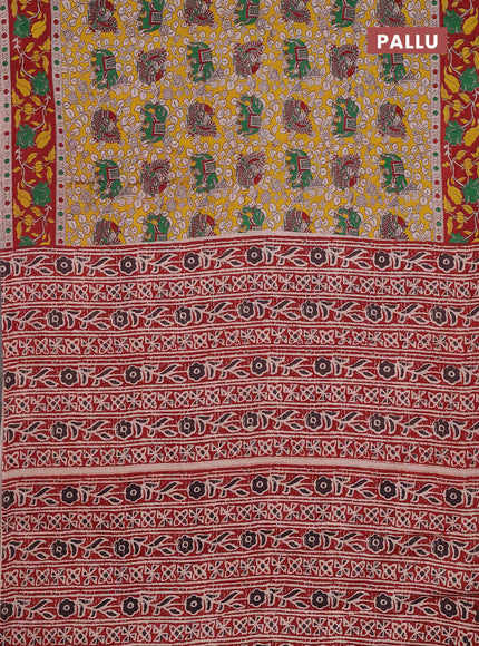 Kalamkari cotton saree yellow and maroon with allover prints and printed border